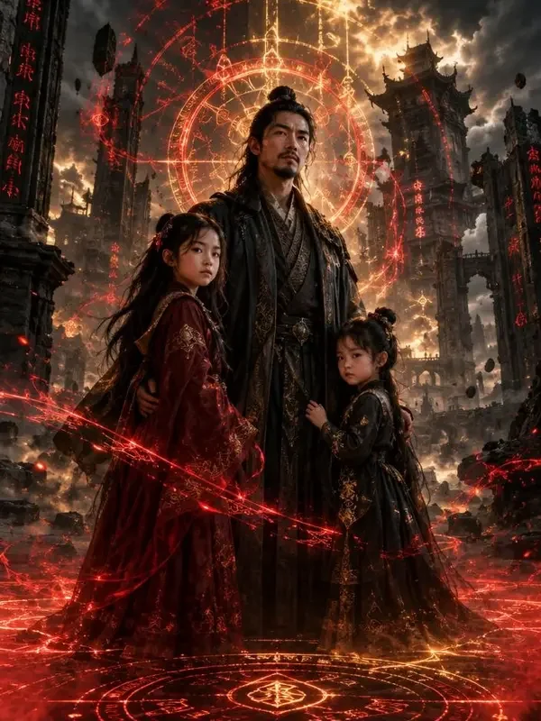 《和离后我带女儿横扫魔域》封面:父亲与两个女儿立于玄幻城域门前,身后法阵泛红光