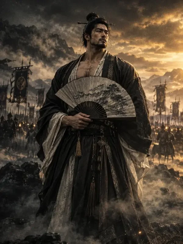 《一身腱子肉,乱世做谋臣》封面:穿儒衫持羽扇的壮硕男主立于古代战场远景