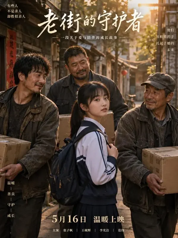 《认下混混老爹,我一路青云》封面:抱着课本的少女与父辈群像站在老城街巷
